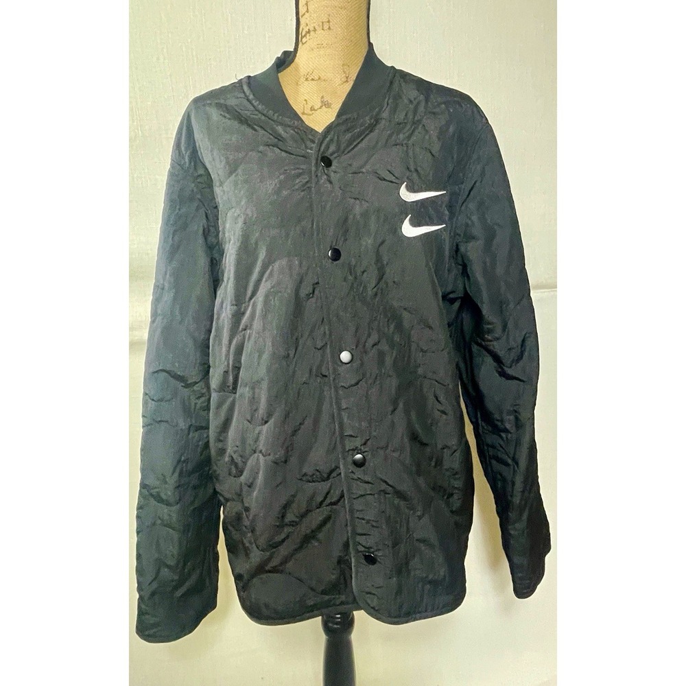 Nike Men's Black Snap-Front Nylon Jacket L Lightweight Pockets Swoosh Graphic